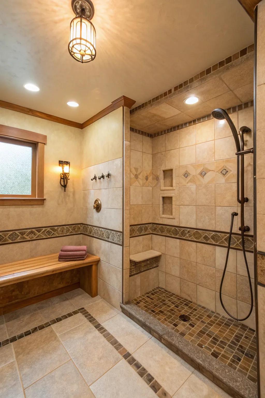 Flexible shower head located beside a shower perch for amplified ease.