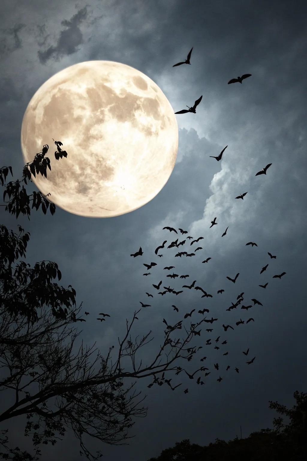 Bats and moon poster embodying the heart of Halloween night.