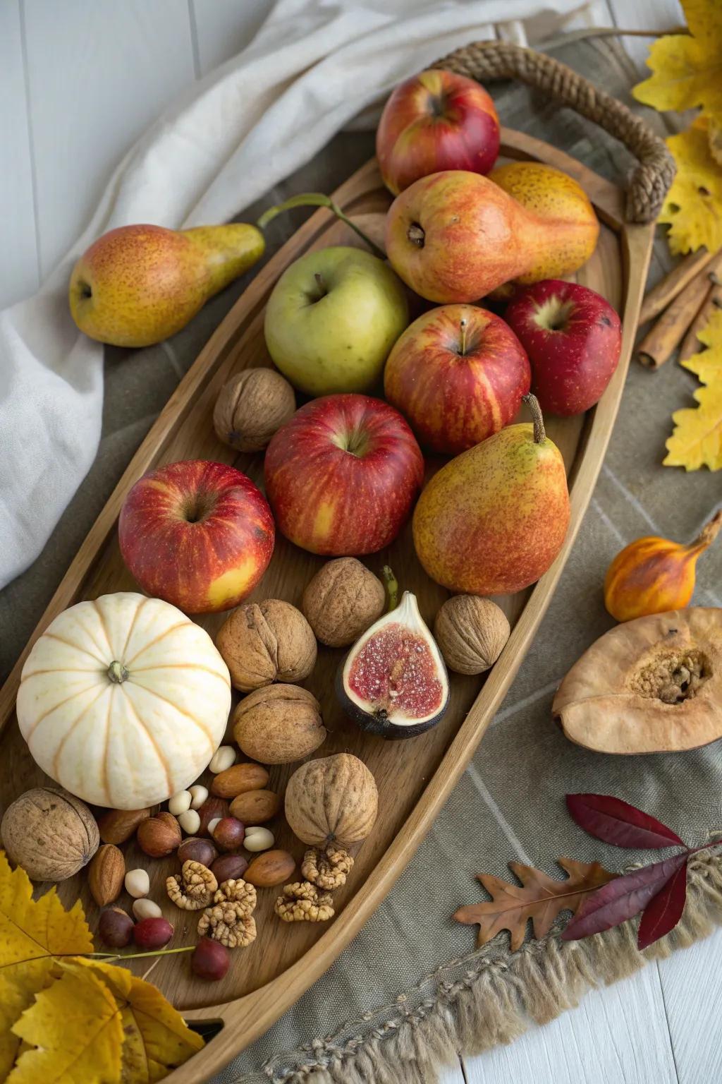 A generous harvest platter featuring seasonal fruits and nuts.