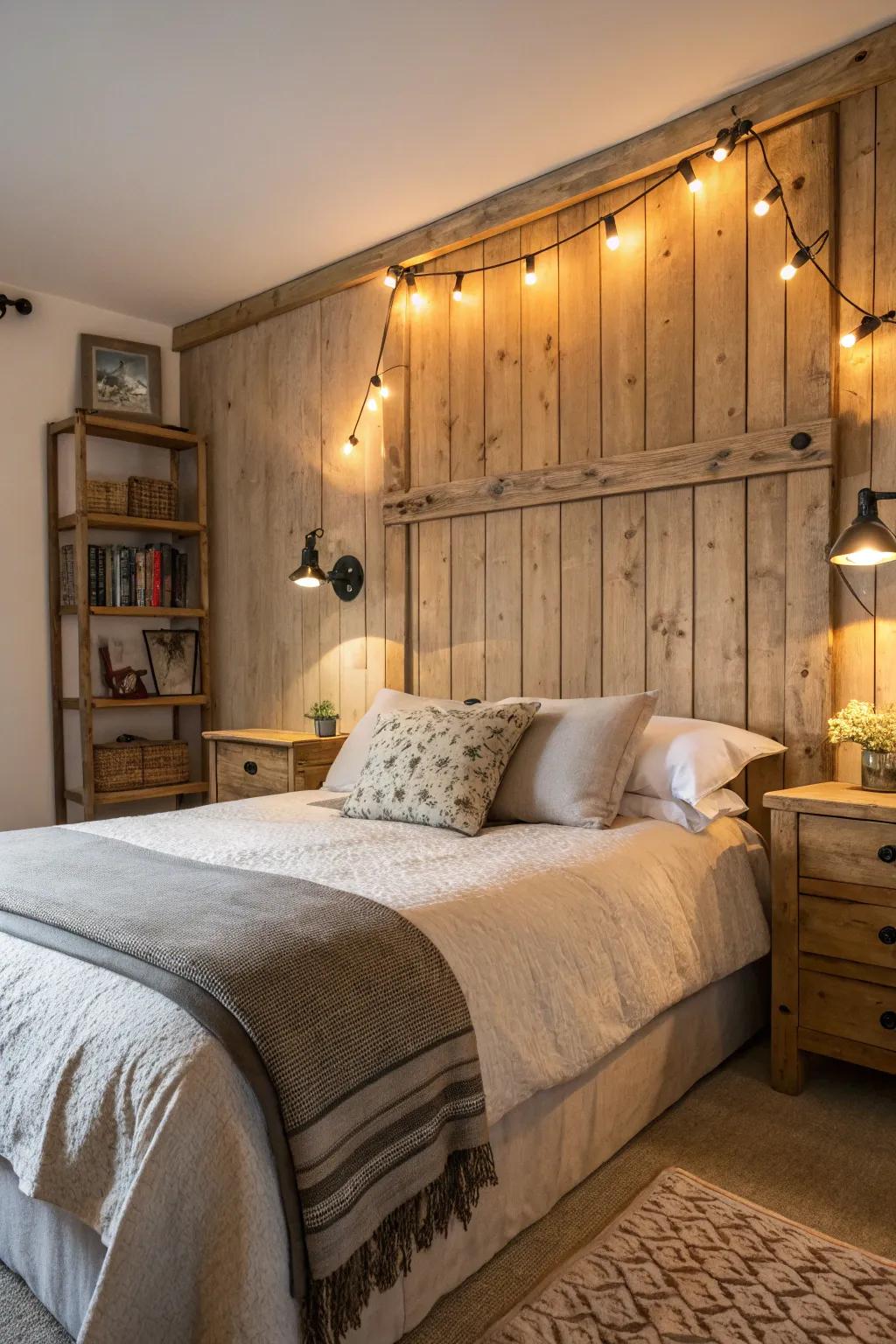 Wooden headboard lights add homespun appeal and warmth.