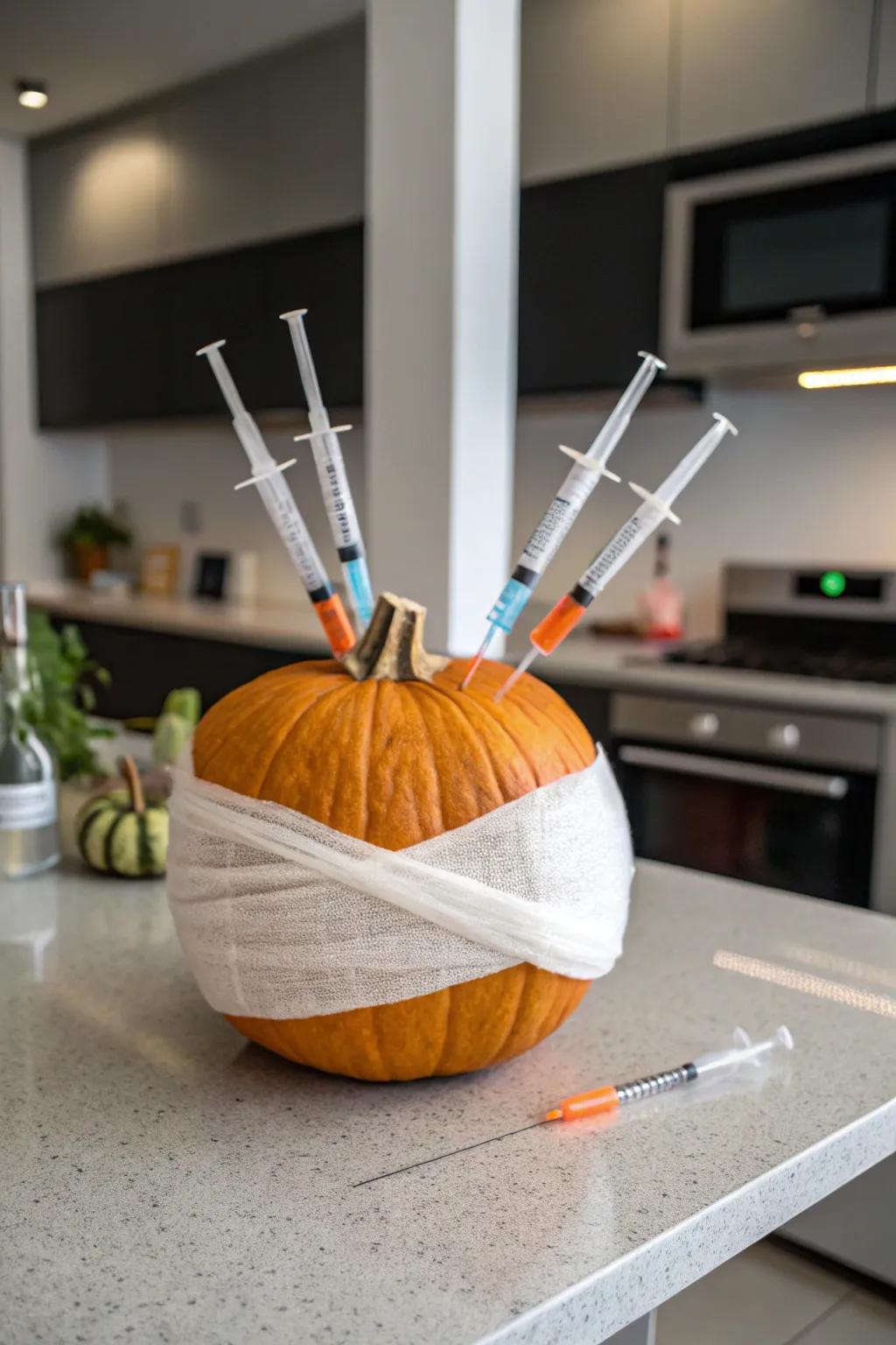 An eccentric pumpkin adorned with injectors and bandage for a cheerful stroke.