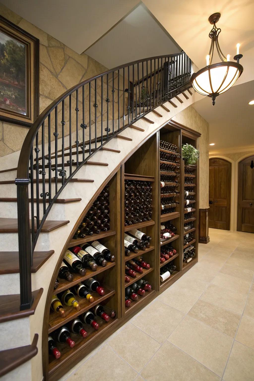 Unified wine holders gracefully showcased beneath a staircase.