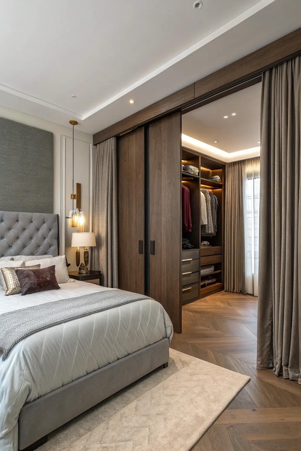 A stylish bedroom featuring a hidden entrance to a walk-in closet.