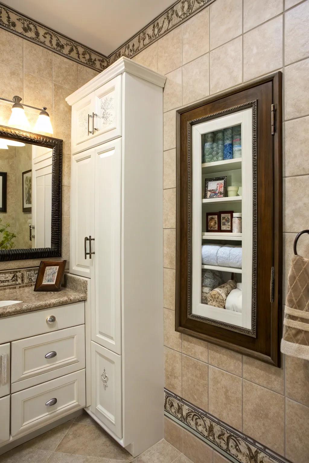 A photograph frame smartly concealing a hidden medicine cabinet.