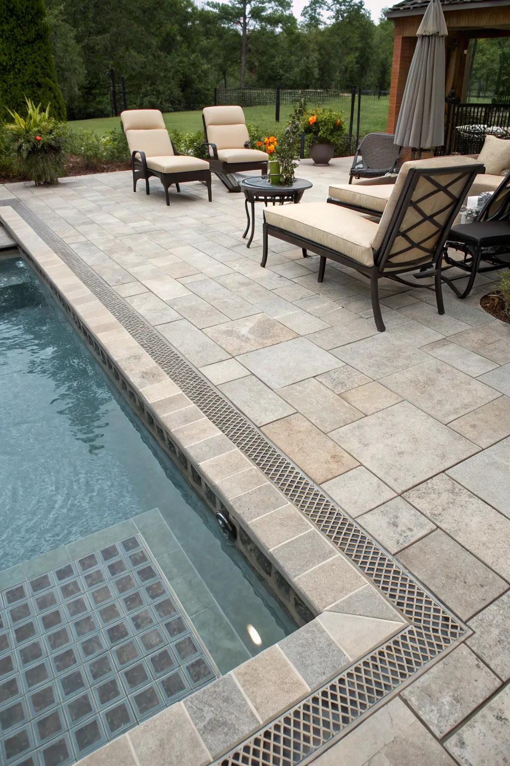A pool deck featuring tile-in drains for a consistent surface appearance.