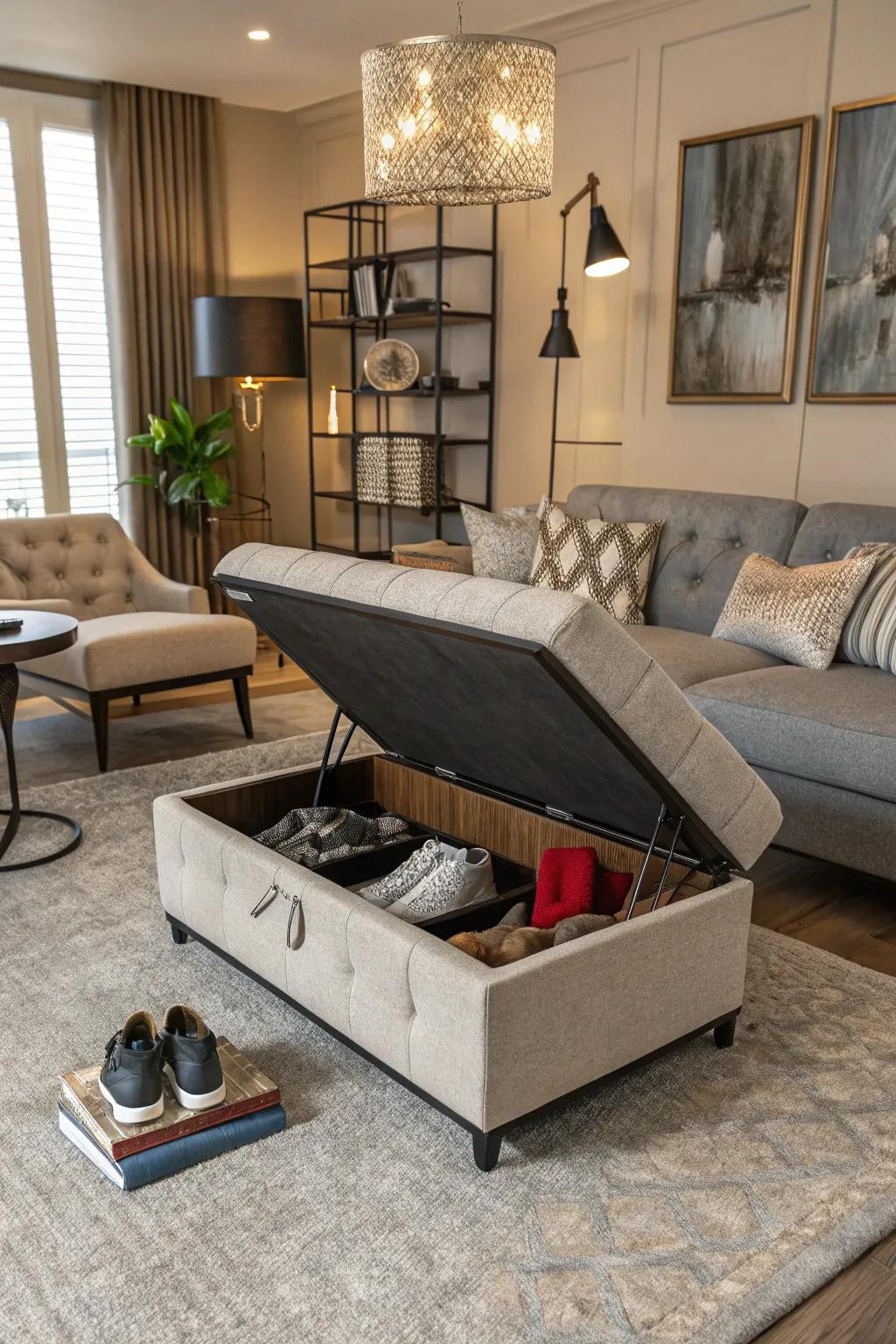 Convertible furniture with hidden storage offers style and functionality.