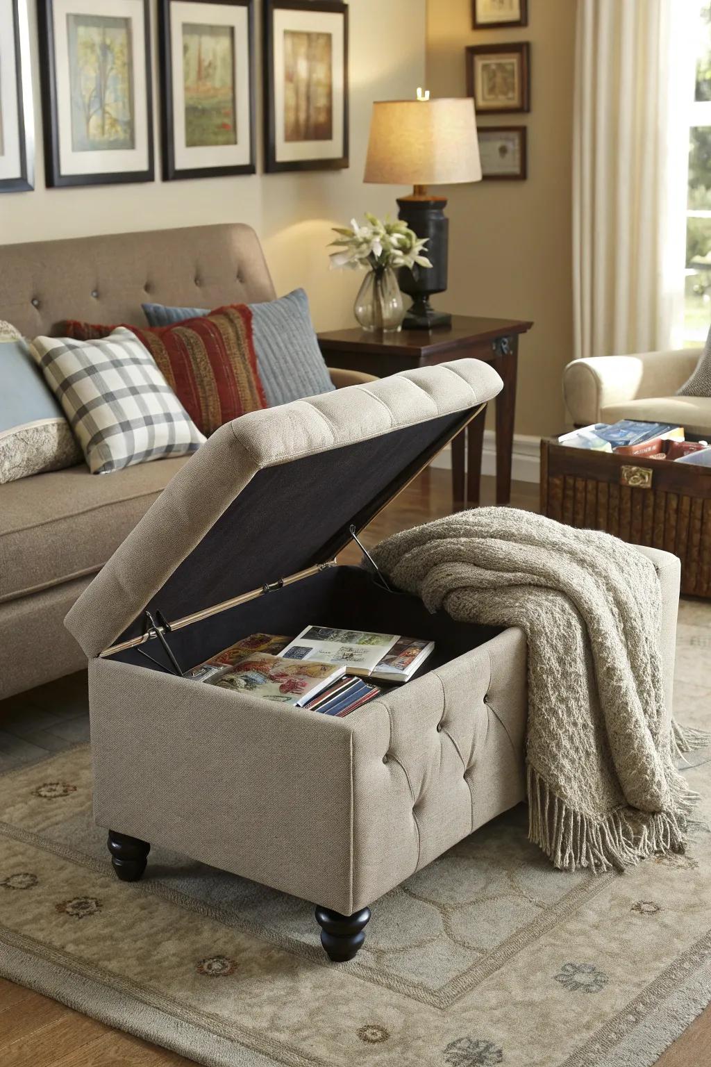 Fashionable ottoman with concealed storage for added comfort