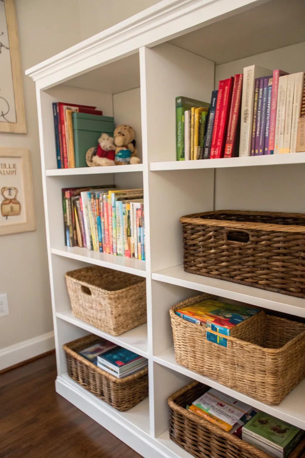 Bookshelves with baskets for discreet toy storage.