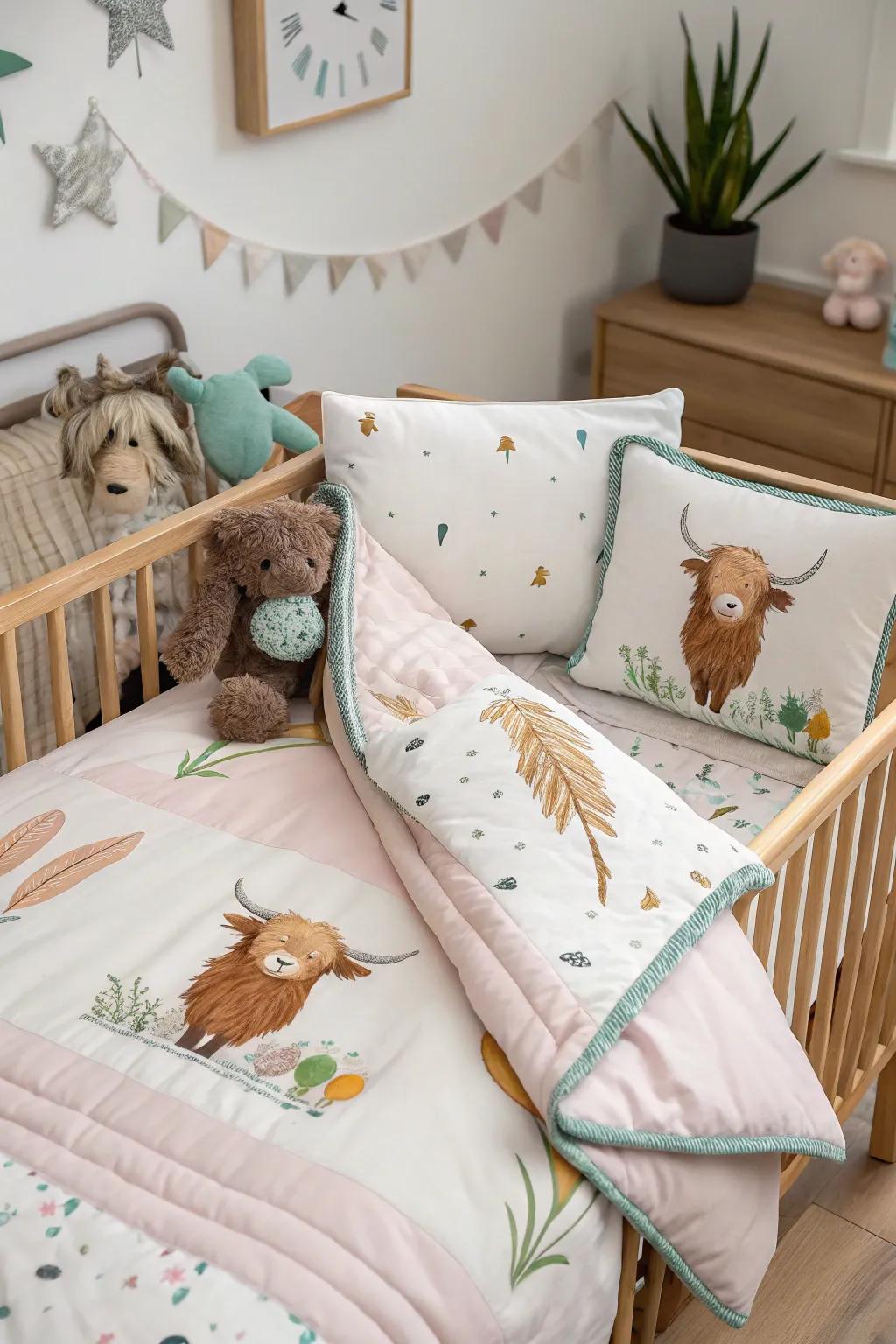 Meadow cow fabrics create a cozy and inviting space for your little one.