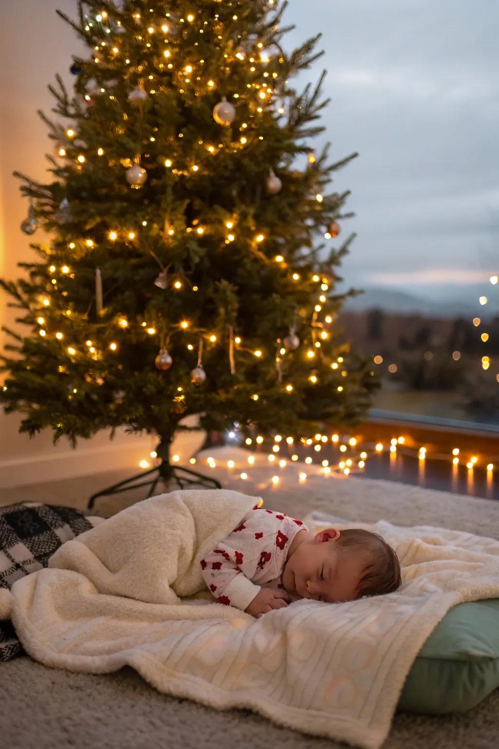 The radiance of the Christmas tree mesmerizes tiny eyes.