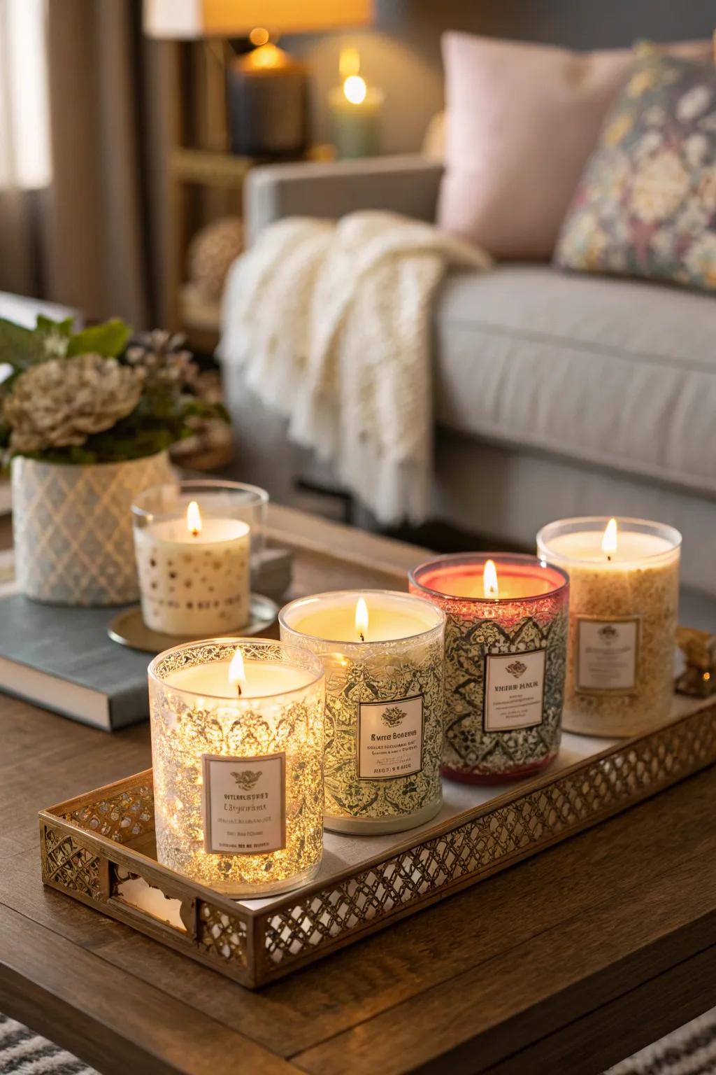 A collection of scented candles adding an inviting aroma to the room.