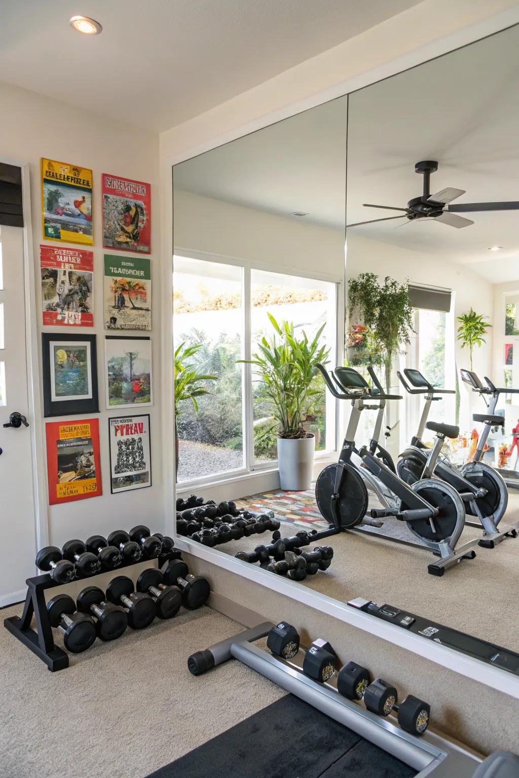 Mirrors integrated with equipment enhance functionality in this gym.