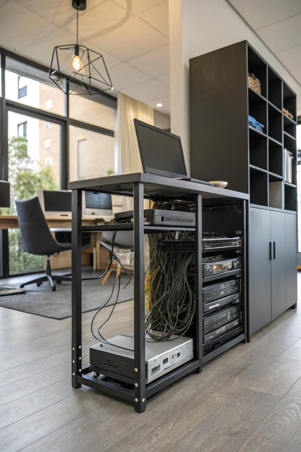 Conceal your network setup beneath the desk for a neat workspace.