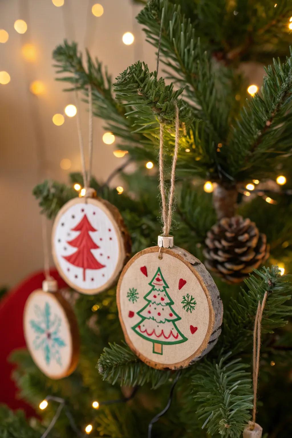 Artisanal painted lumber piece decorations contributing countryside charm to the festive aesthetic.
