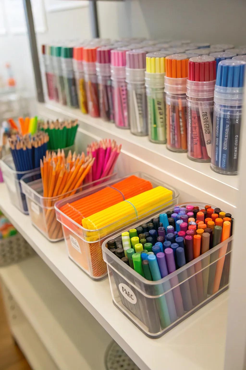 See-through containers simplify locating and retrieving artistic tools swiftly.