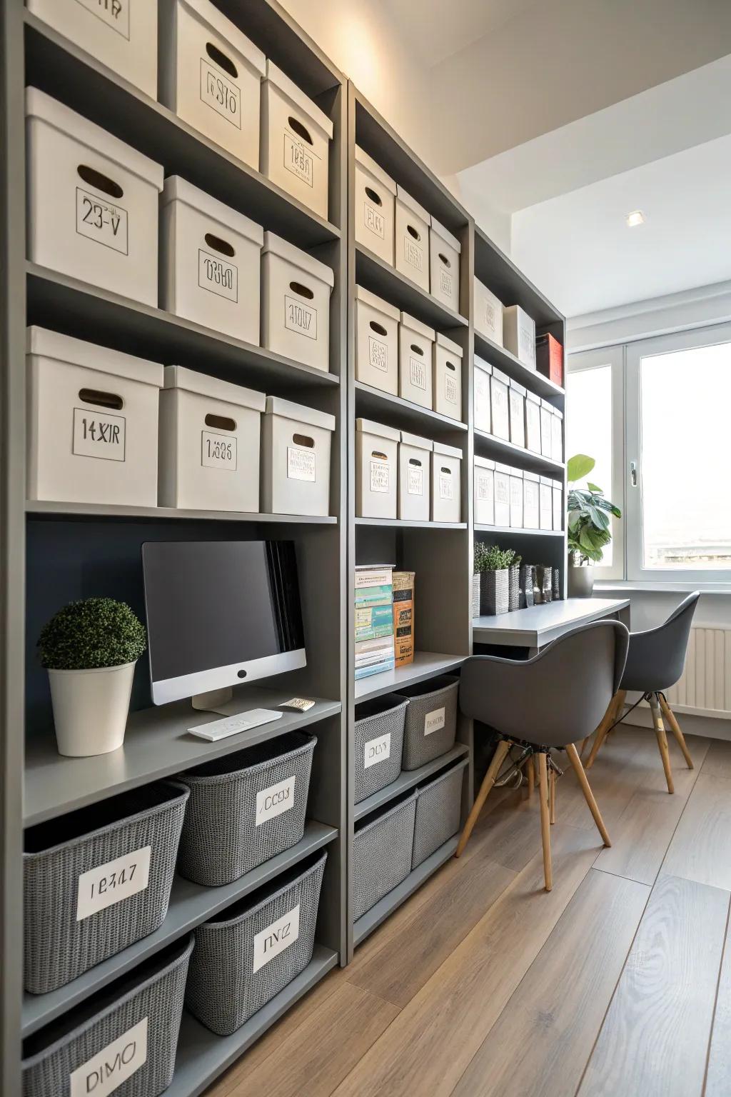 Organized storage containers creating a tidy study space.