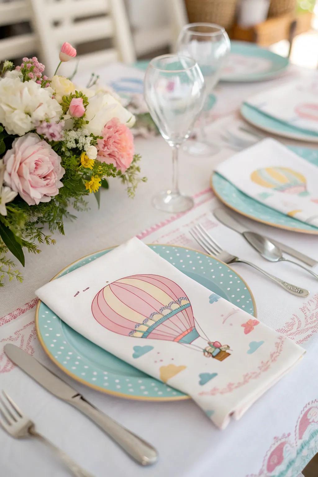 An attractive table decorated with hot air balloon-inspired components.
