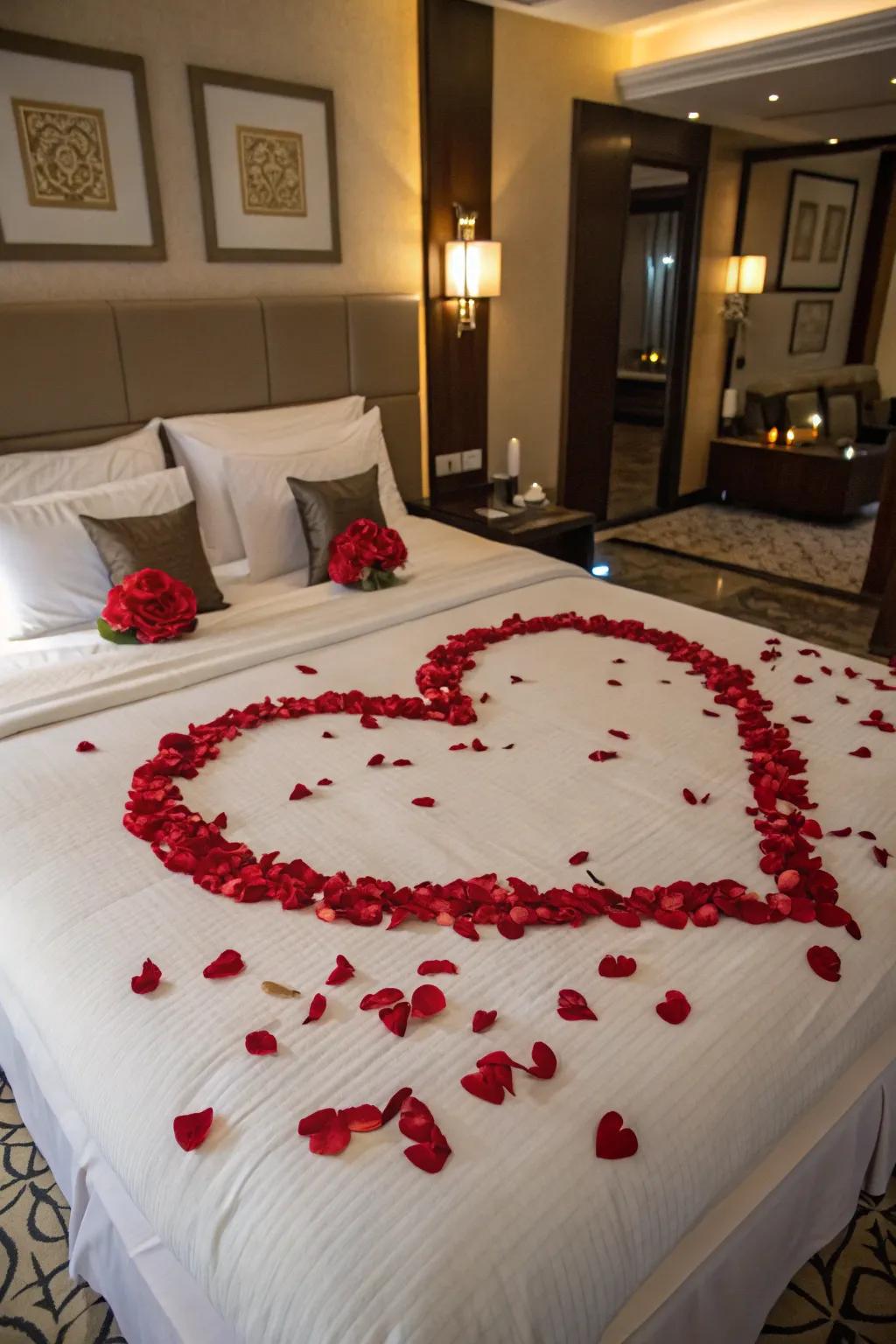 Transform your bed into a captivating centerpiece with rose petals.
