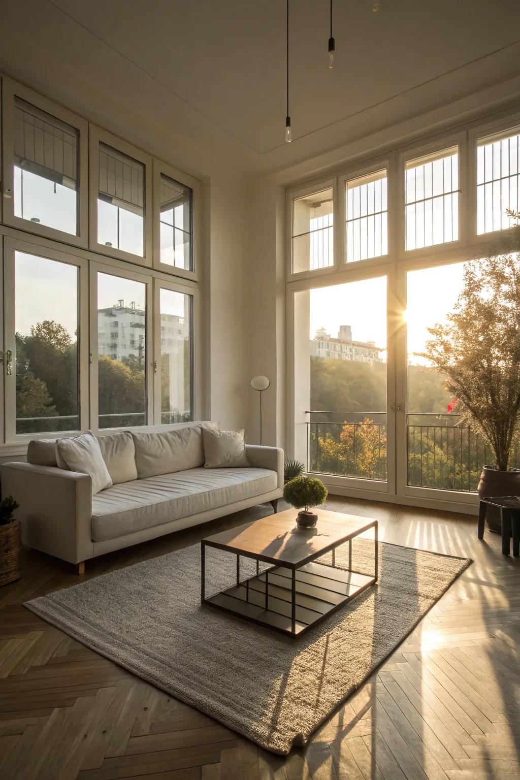 A luminous living area featuring full-length windows that bathe the room in sunlight.