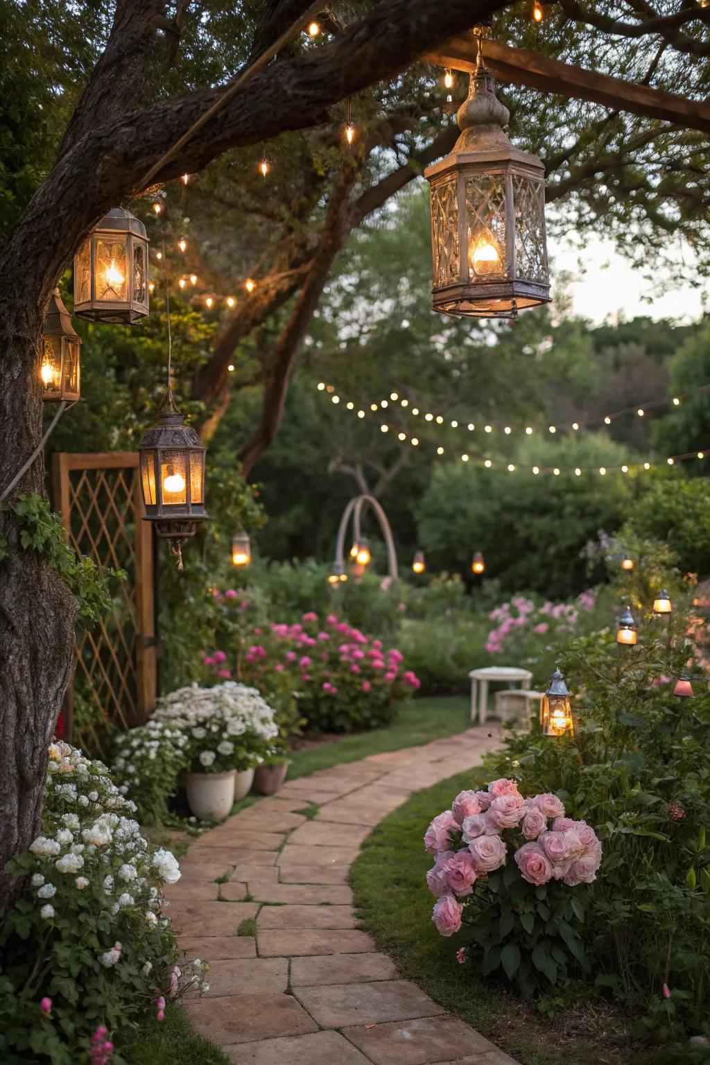 Forge a captivating outdoor sanctuary using suspended lights and whimsical luminaries.