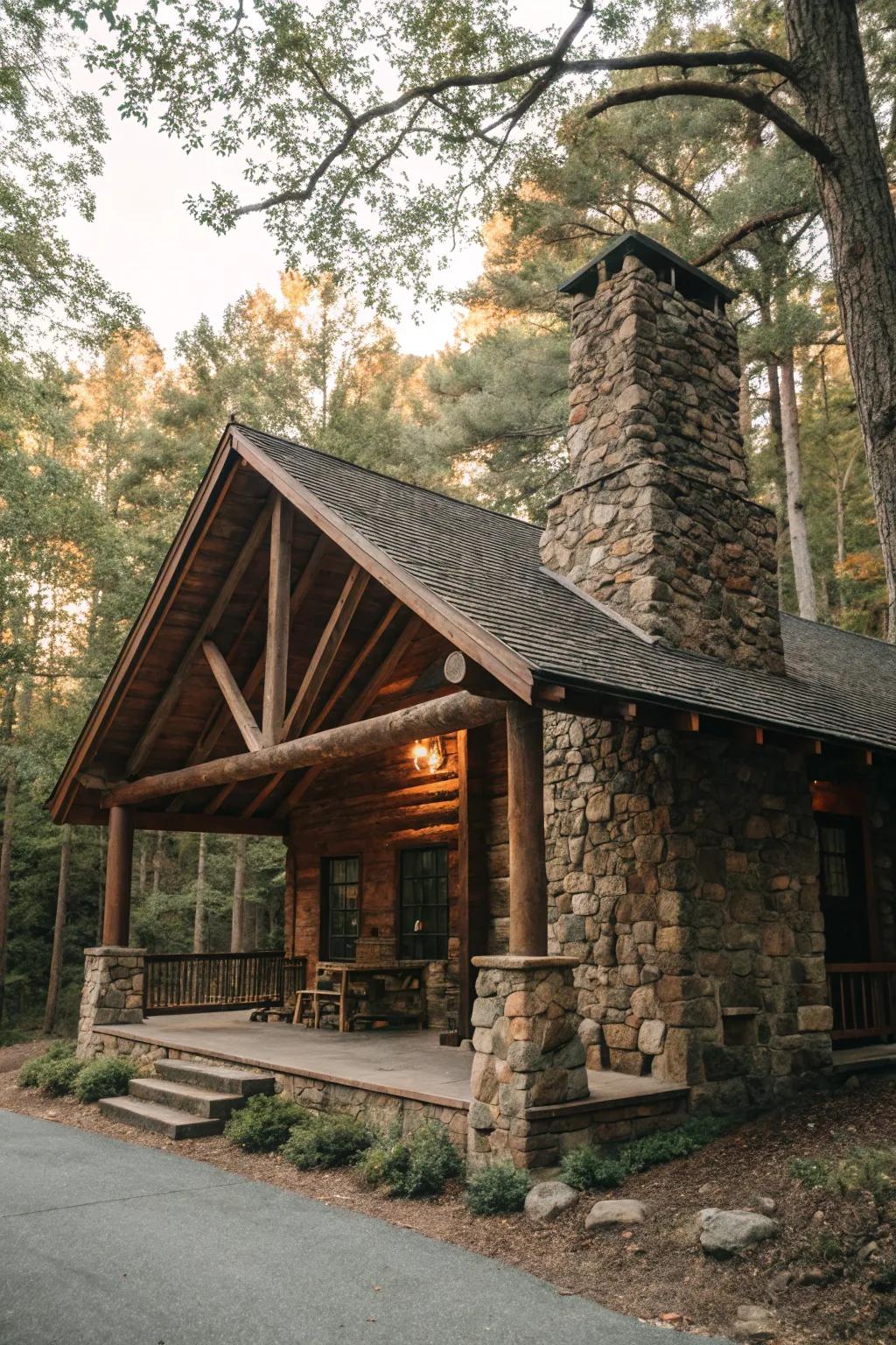 A comfortable, classic cabin radiating warmth and appeal in the forest.