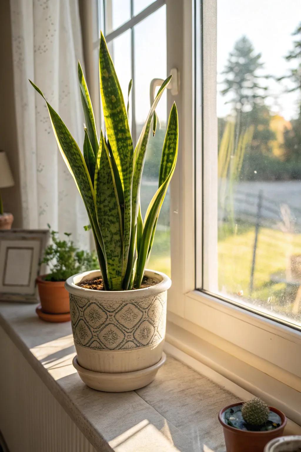 A mother-in-law's tongue plant contributing a hint of green to any setting.