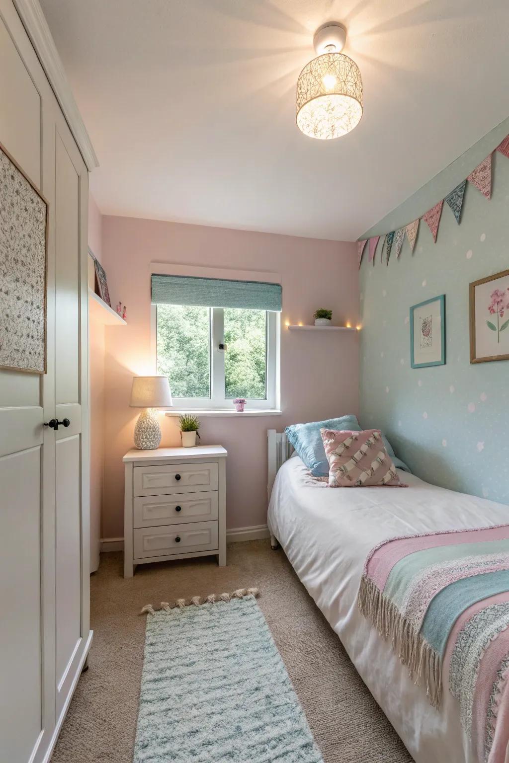 A light-colored small bedroom, creating a serene and spacious feeling.