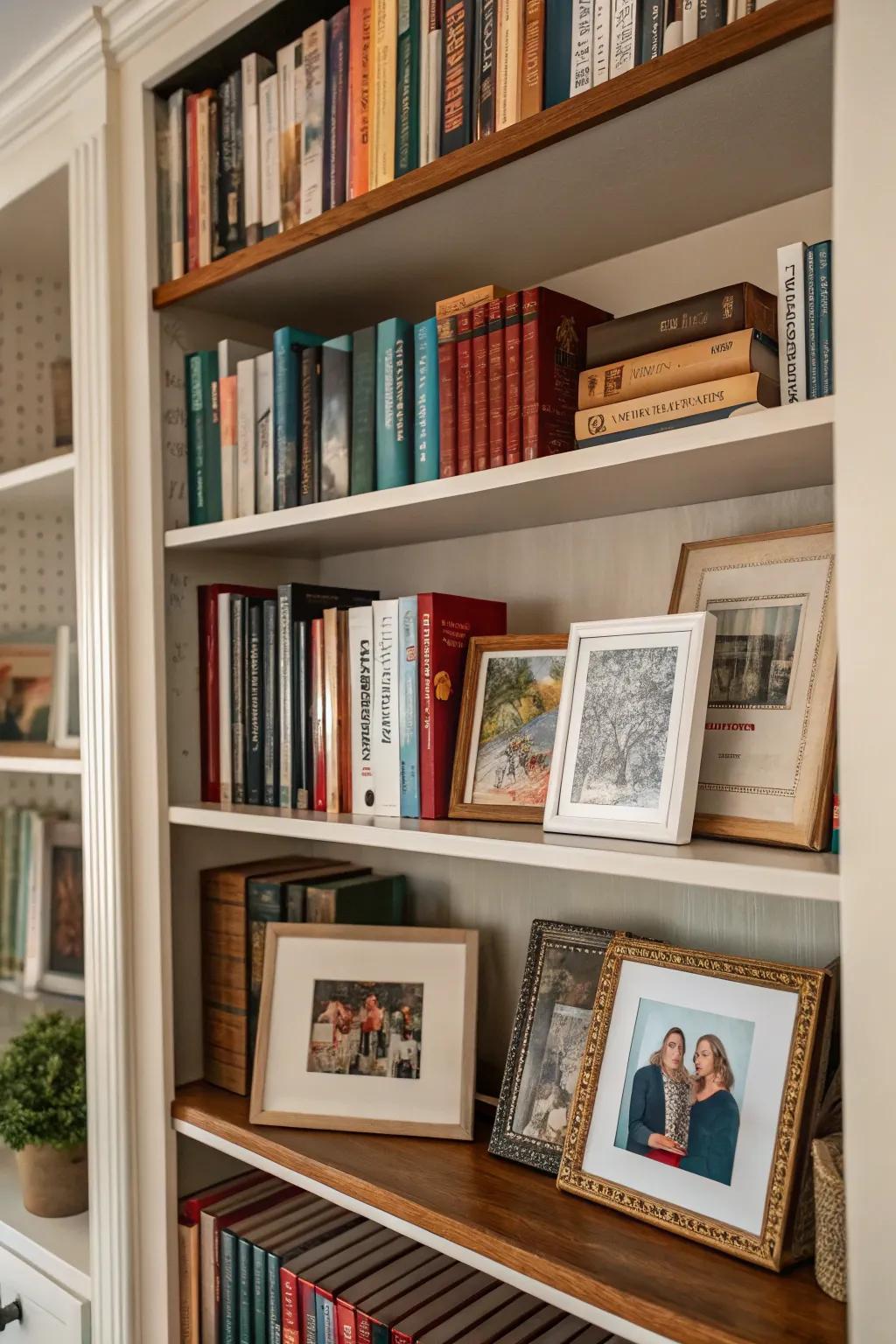 Bookshelf featuring framed art and family photos.