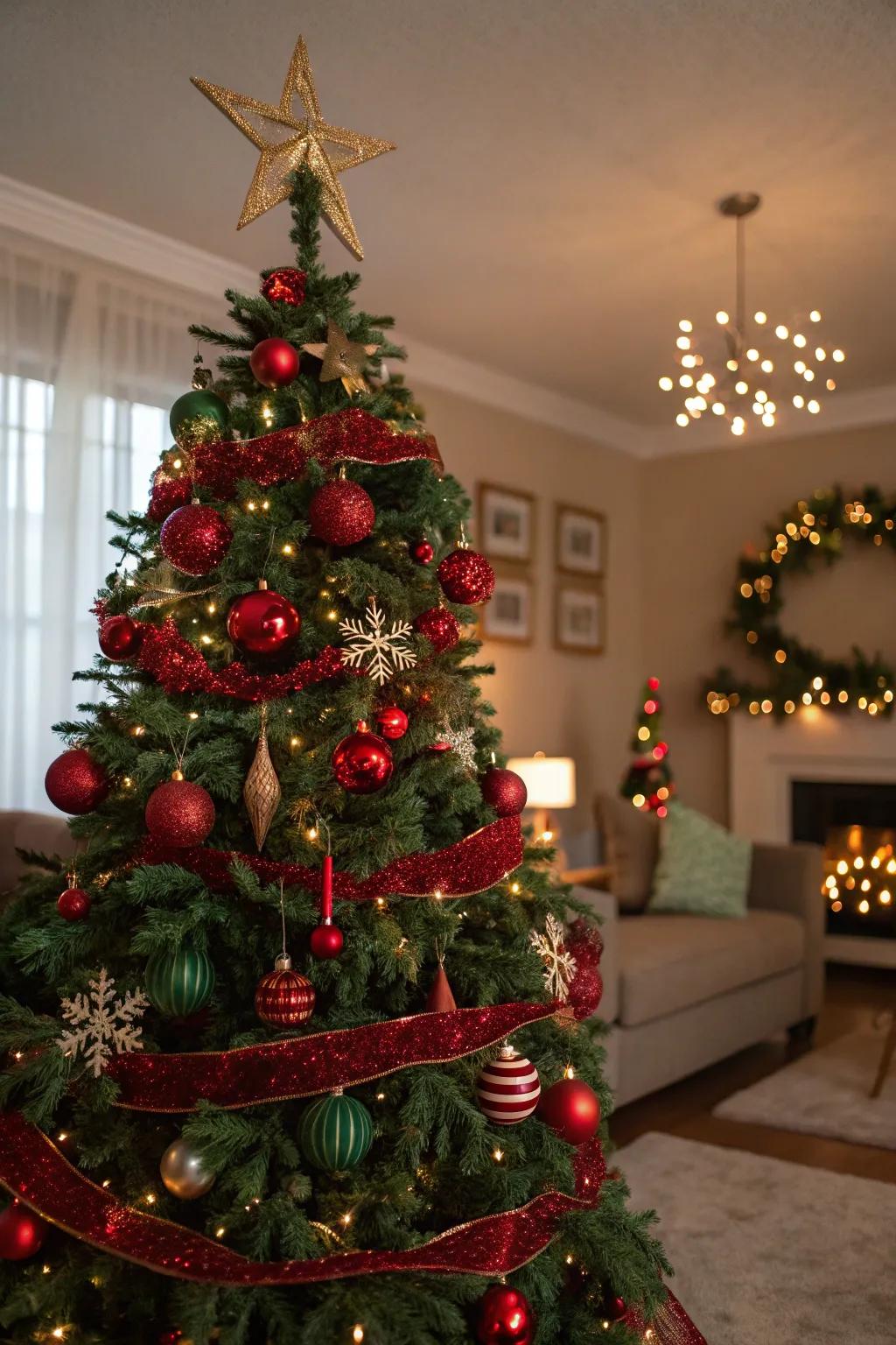 A classic Christmas tree showcasing crimson and emerald decorations for a timeless elegance.