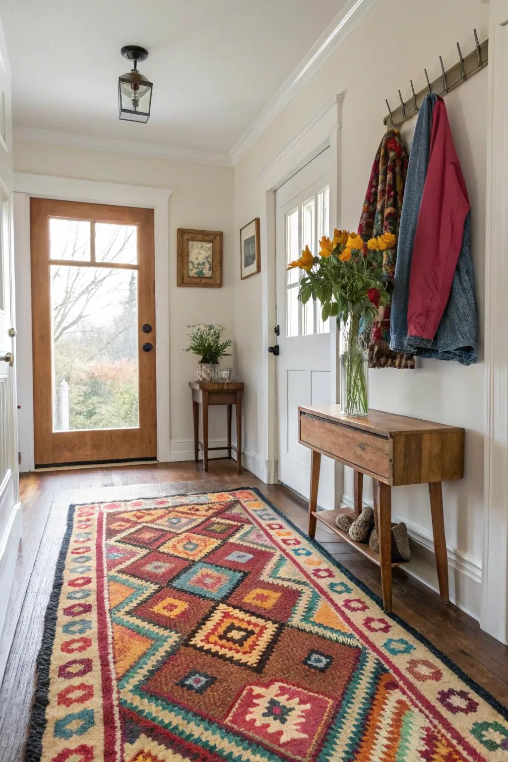 A vibrant floor covering imparts warmth and definition to the entryway.