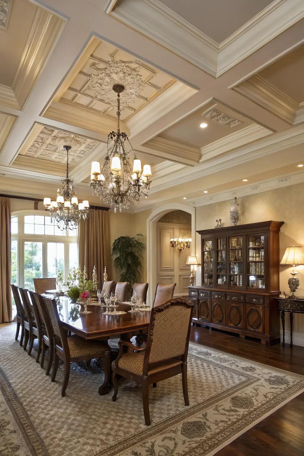 An elegant dining area featuring a timeless panelled ceiling design.