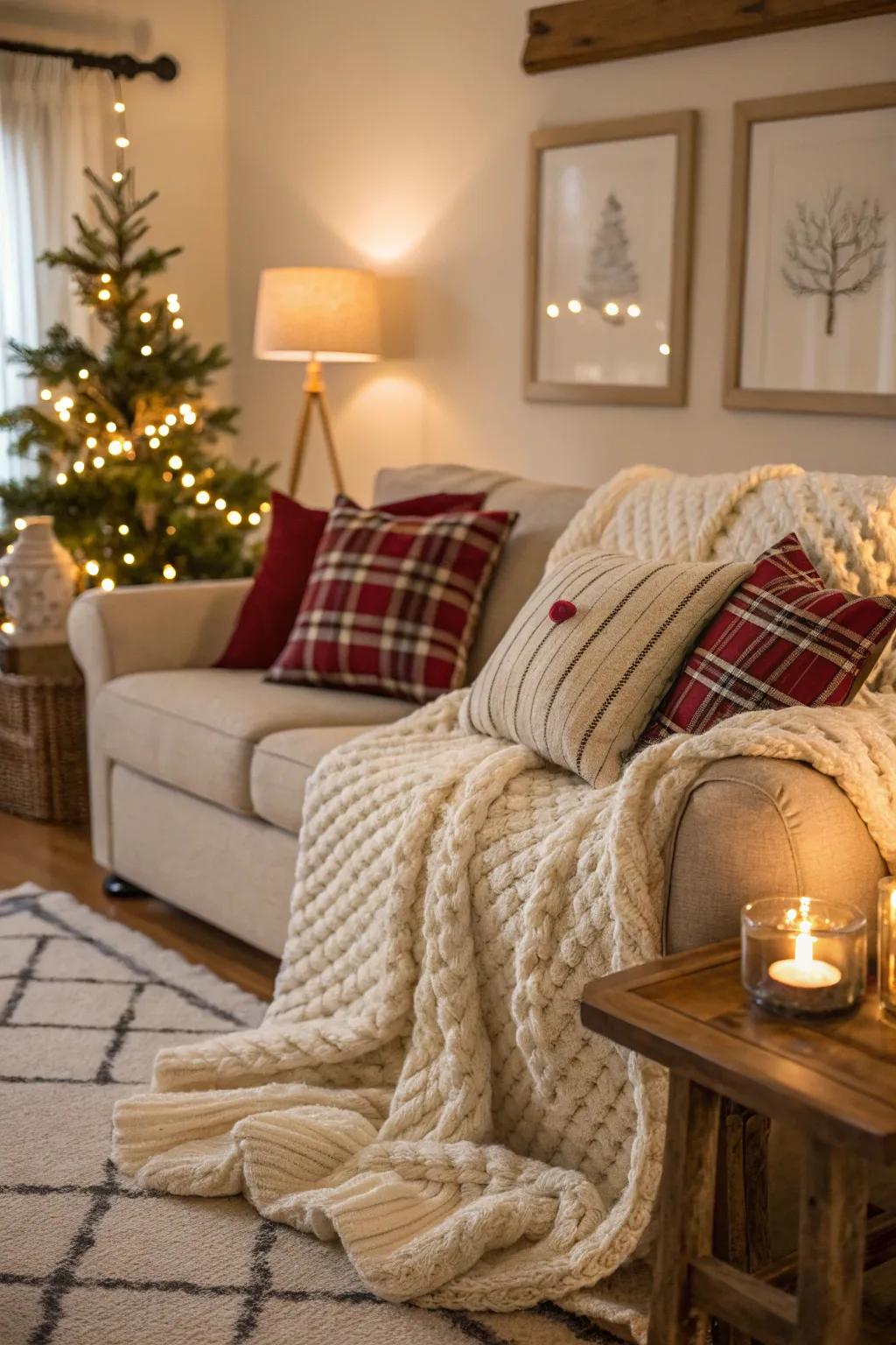 Warm textiles create a cozy living room atmosphere.