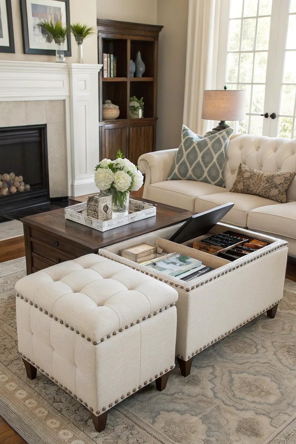 A useful yet fashionable living room with multipurpose furniture.