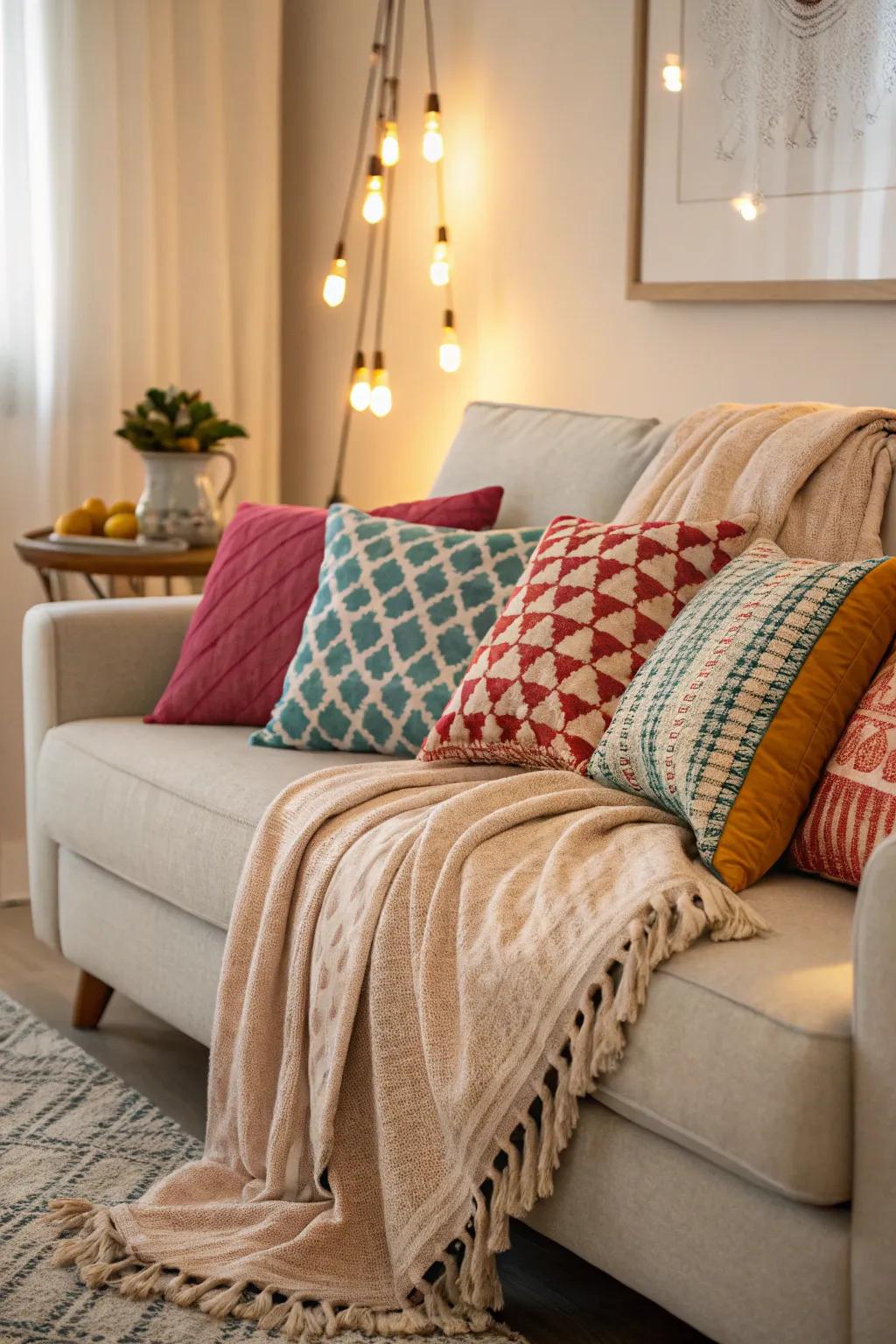 Unify varied fabrics to amplify comfort and style within your living quarters.