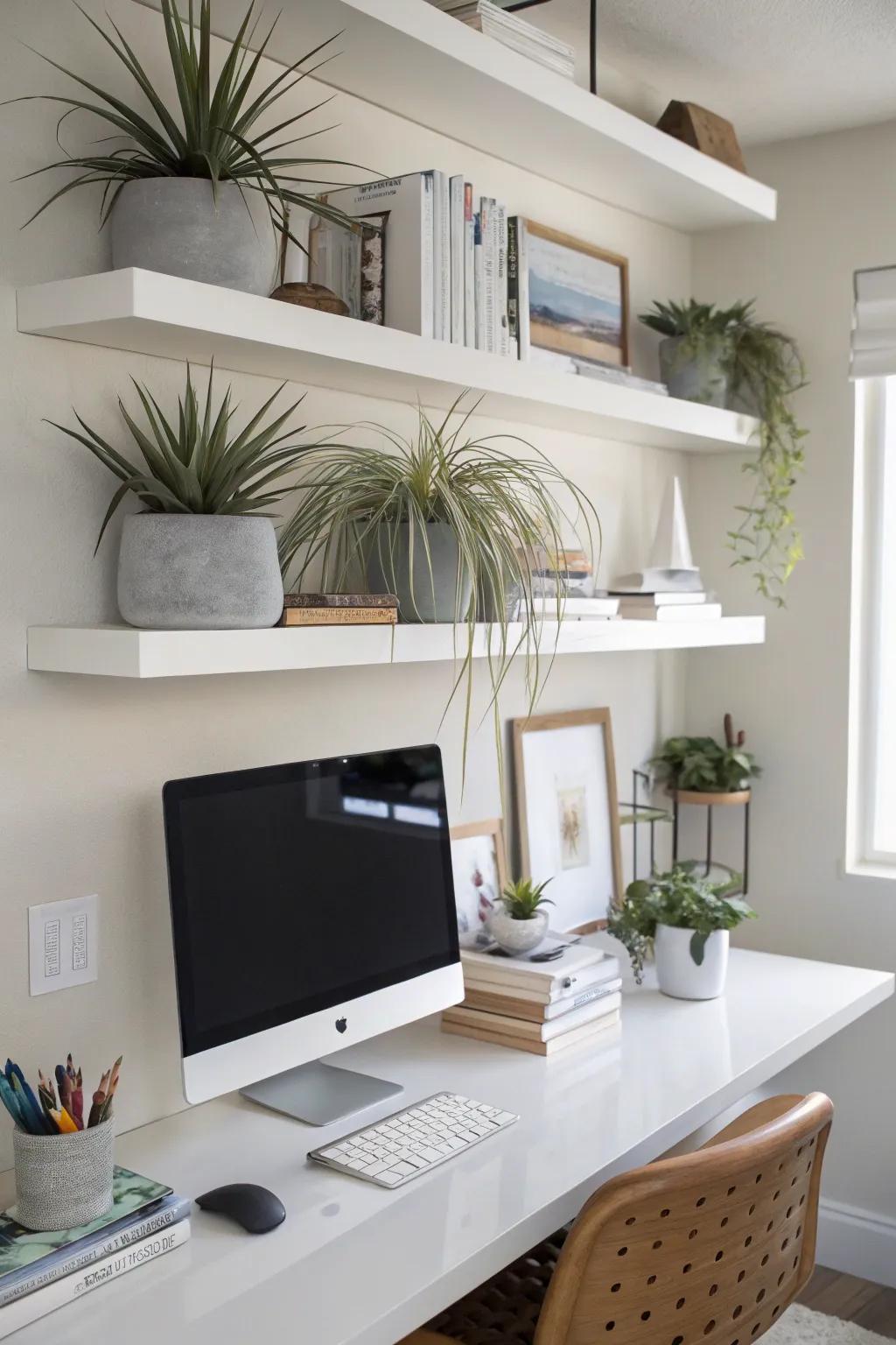 Elevated ledges adorned with air plants, forming a vibrant wall tableau.