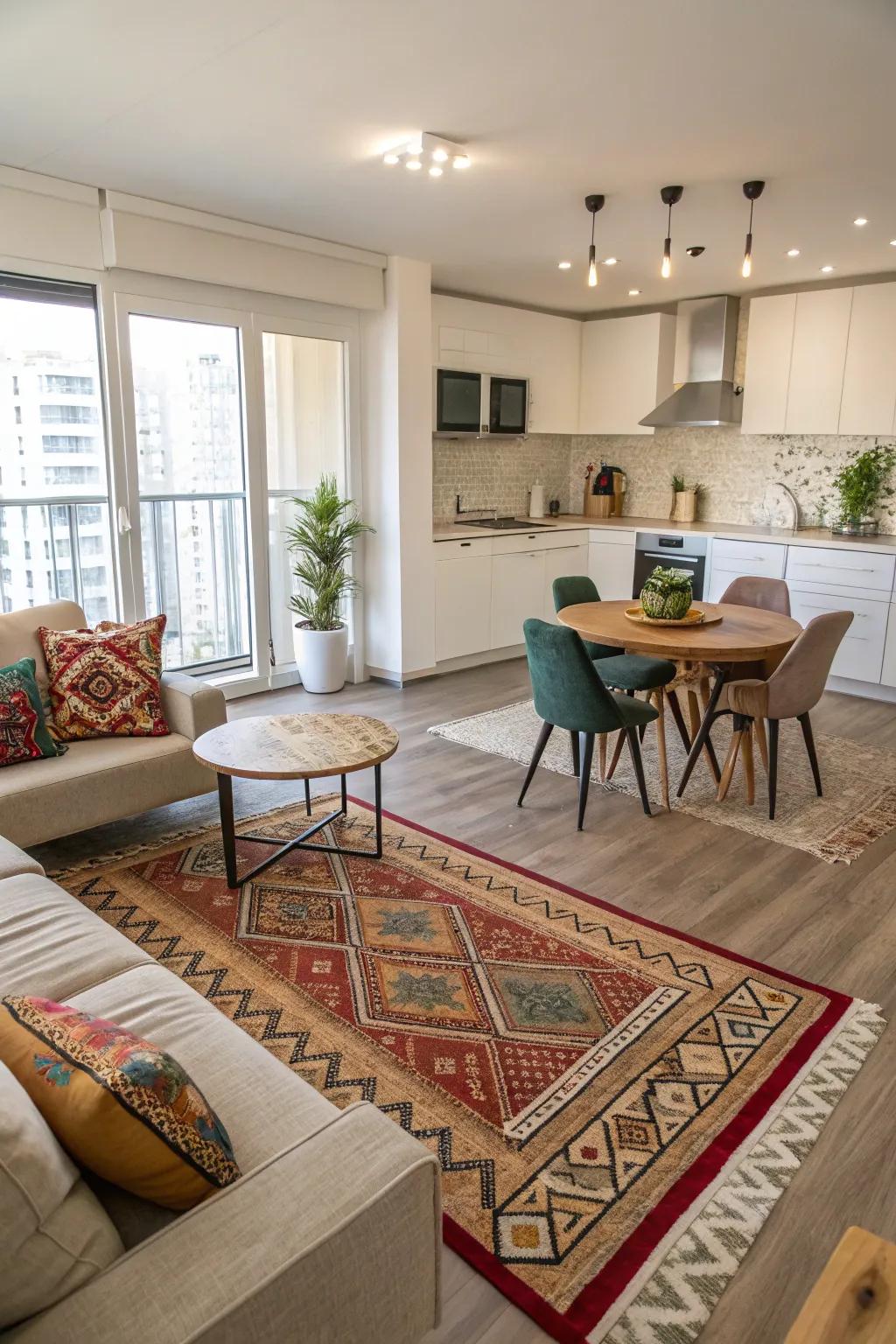 An open-concept area featuring separate living and working spaces.