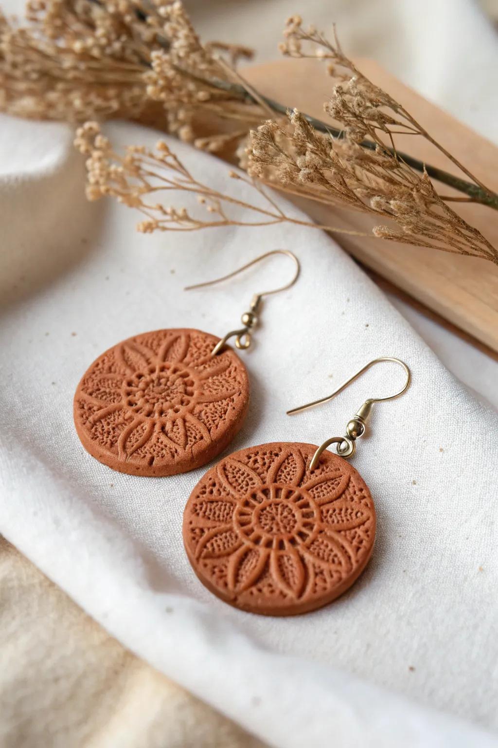 With these rough earth tone clay earrings, which combine elaborate lace designs with Scandinavian simplicity, you can embrace rustic beauty.