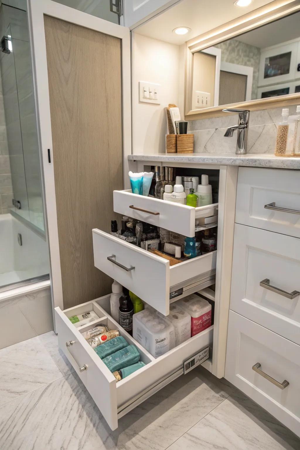 Large cabinet featuring sliding drawers for simple access to items stored in the back.