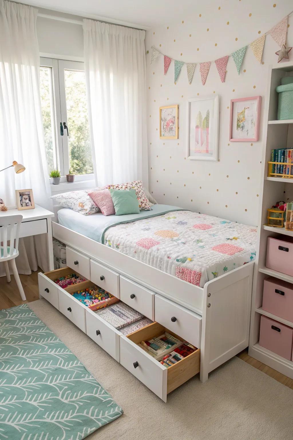 Multi-functional furniture maximizes storage in a child's room.