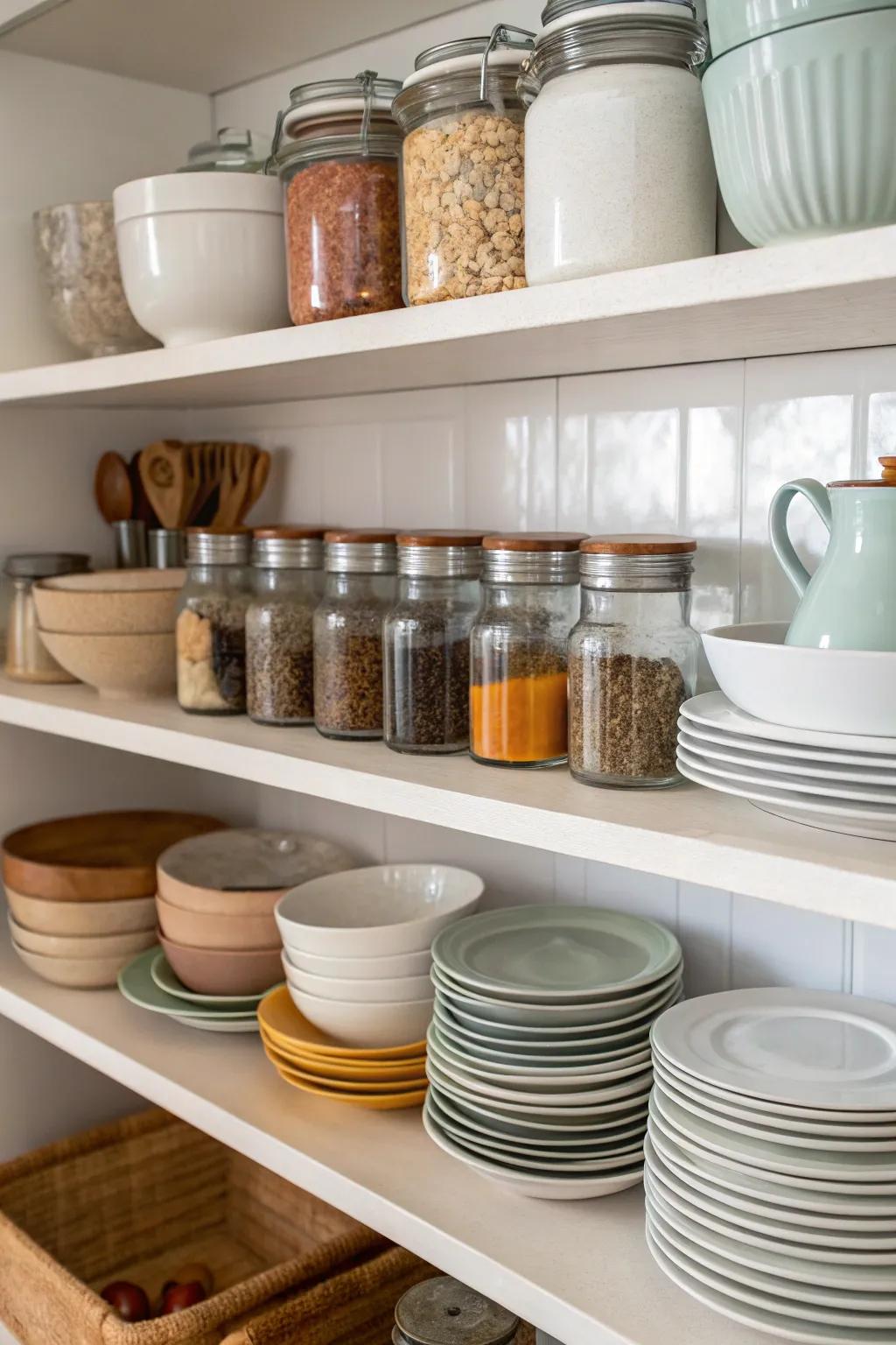 Multi-level shelving efficiently arranging kitchen must-haves.