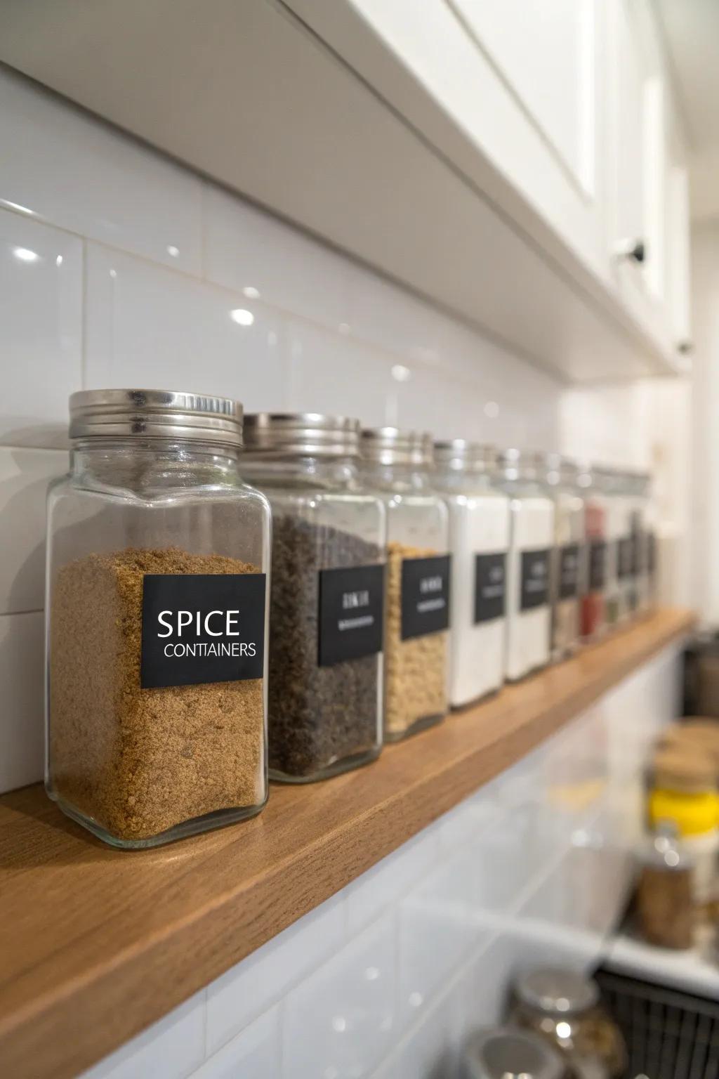 Standardized see-through containers maintain a stylish and organized display of spices.