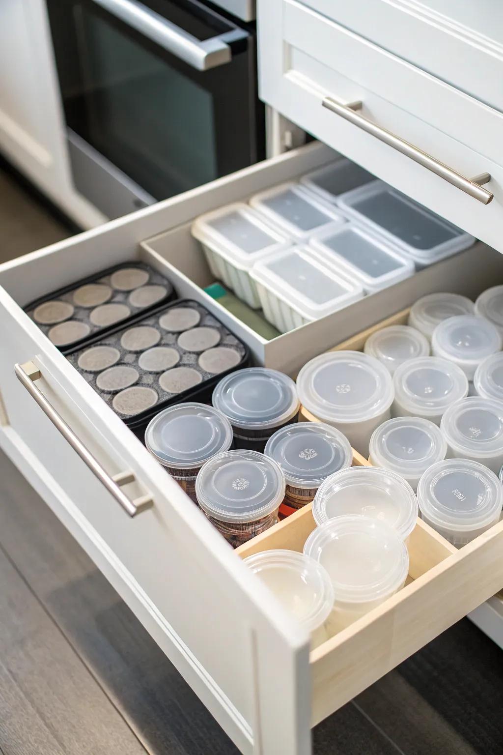 A drawer with dividers, creating separate sections for plastic containers and lids.