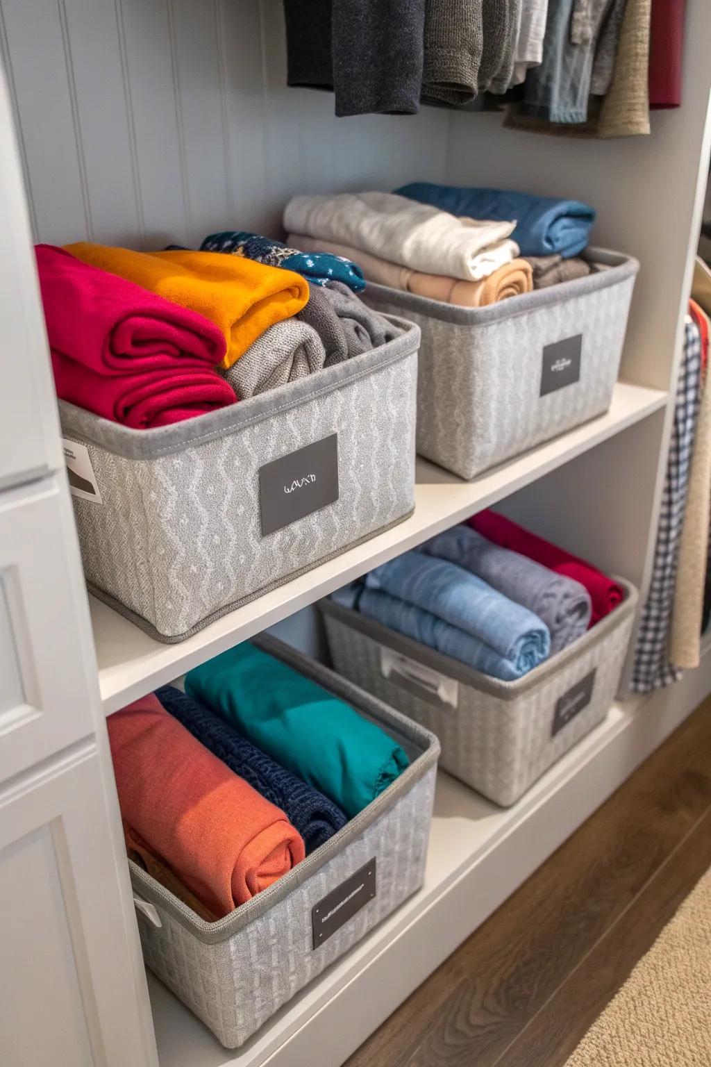 Use labeled bins to keep sweatshirts neatly categorized.
