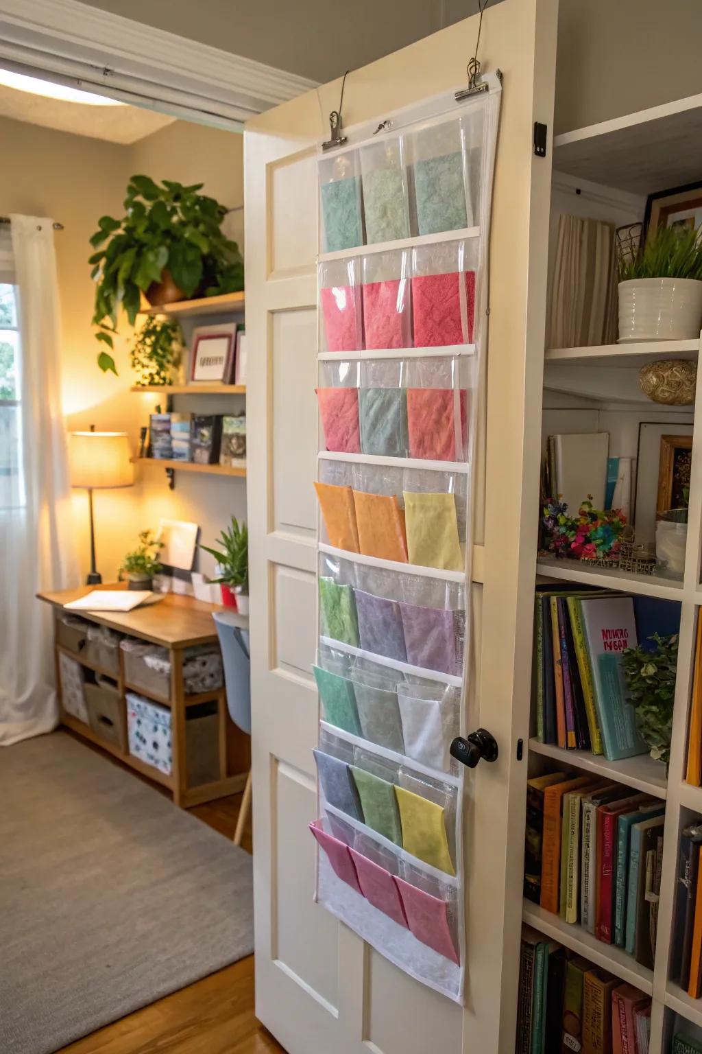 A behind-door organizer that saves area for crepe paper.