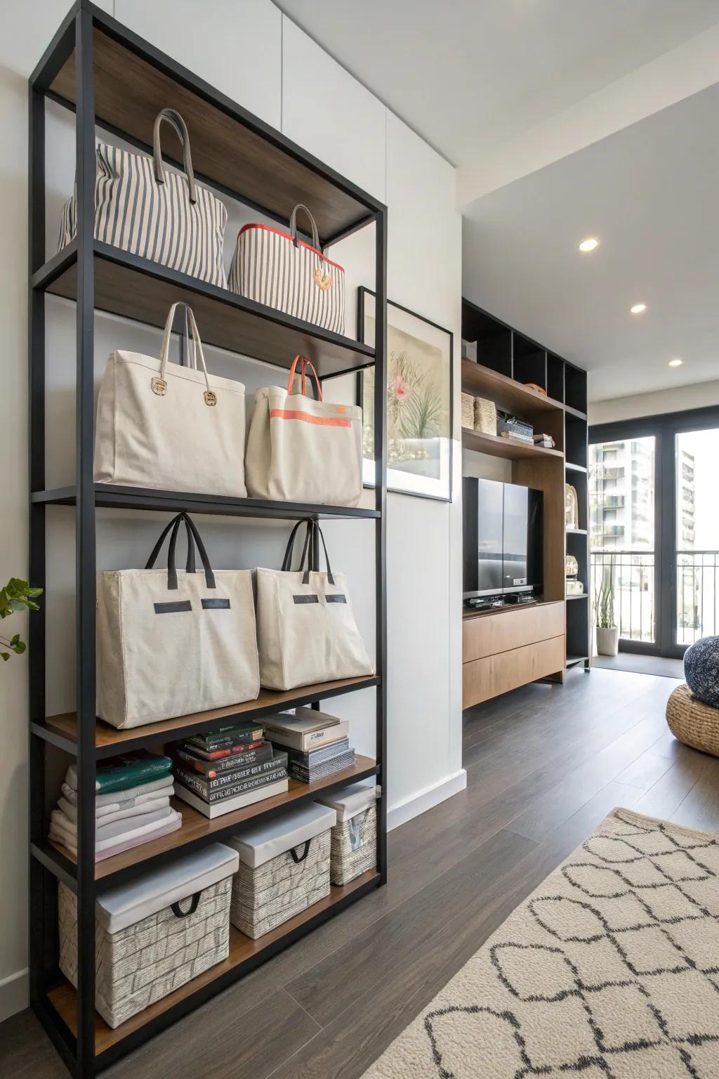 Shelves provide a functional and stylish way to keep tote bags.