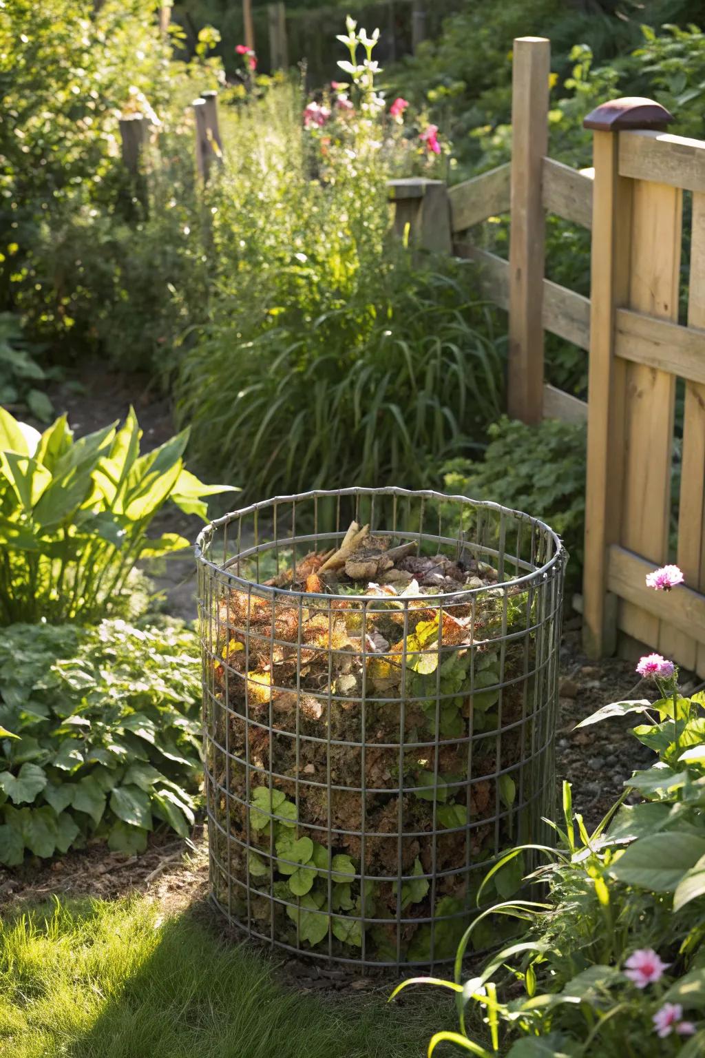 The metal grid compost bin is perfectly situated to provide the best airflow, guaranteeing effective composting.