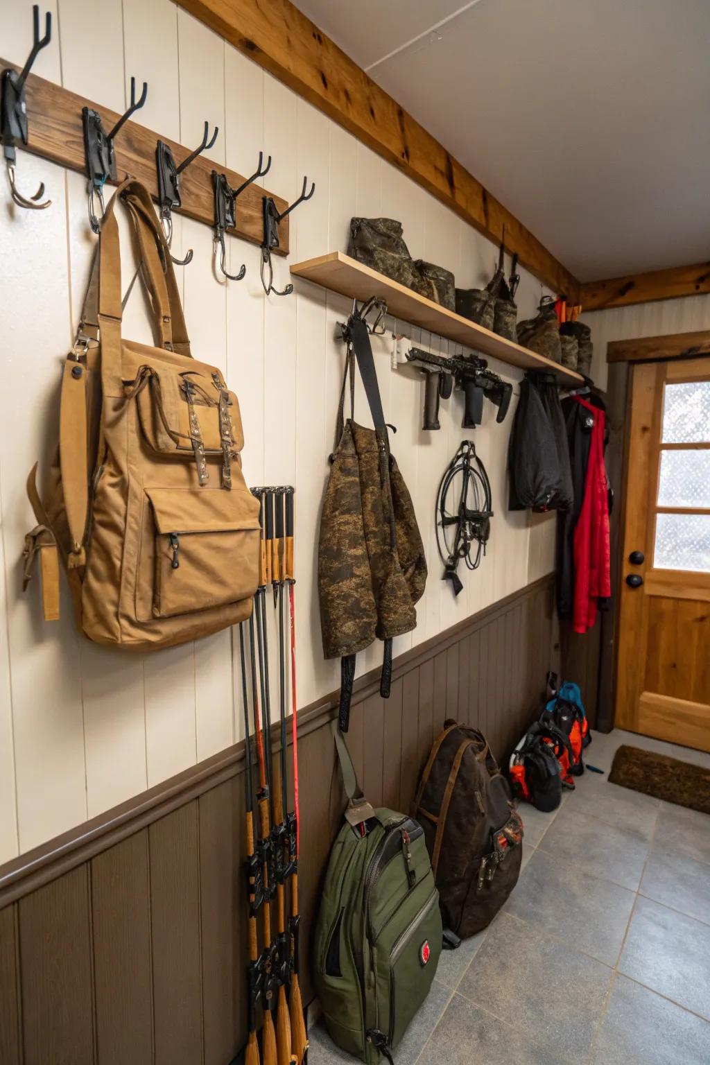 Wall mounts provide a flexible way to keep gear organized and accessible.