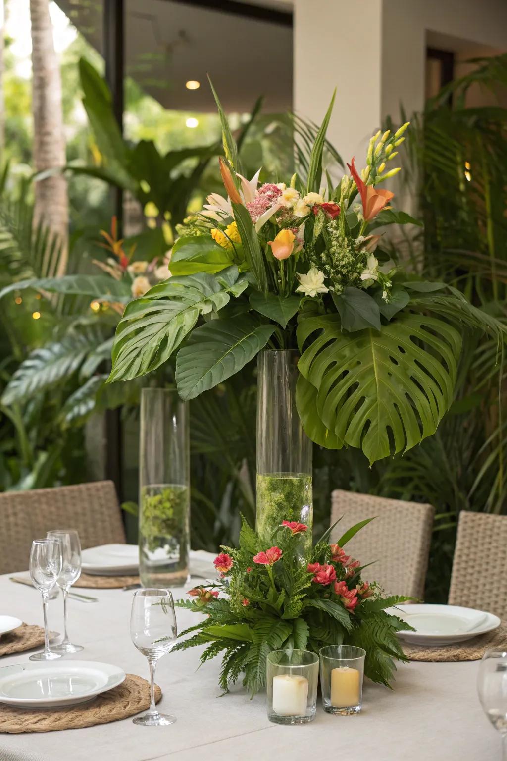 Hurricane vases surrounded by lush greenery bring a natural touch to any setting.