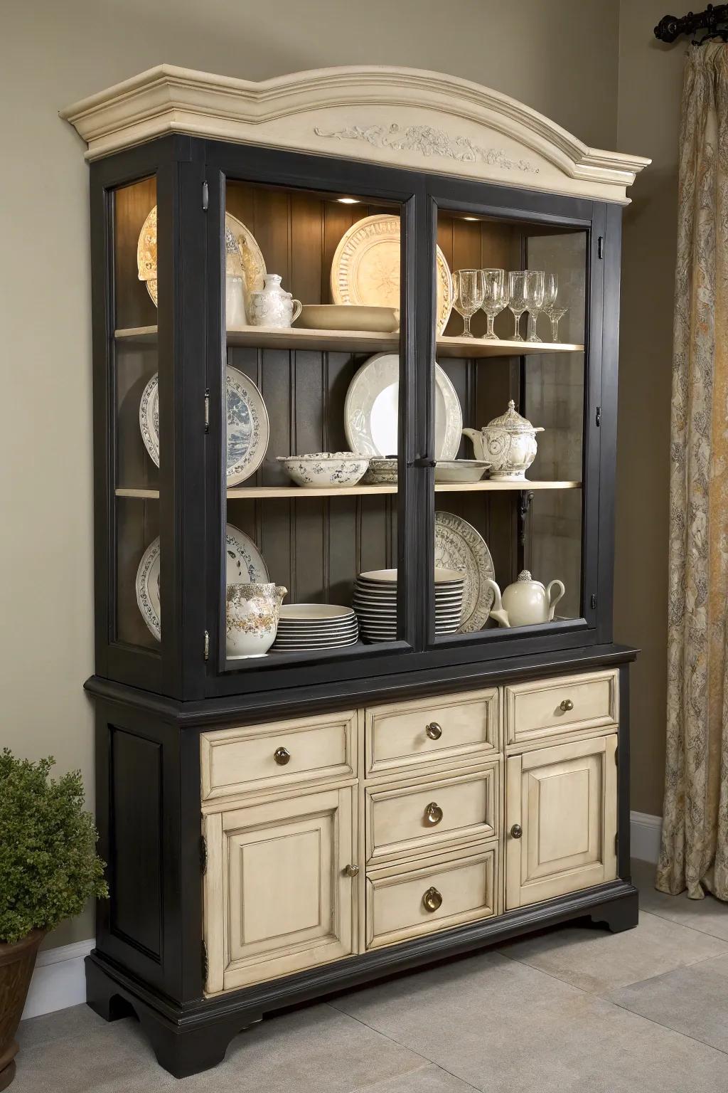 A two-toned palette enriches this hutch with dimension and grace.