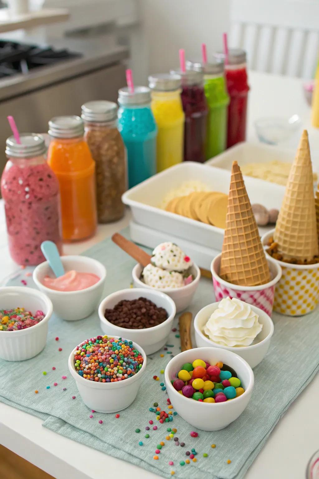 A DIY ice cream station showcasing an array of toppings and sauces.